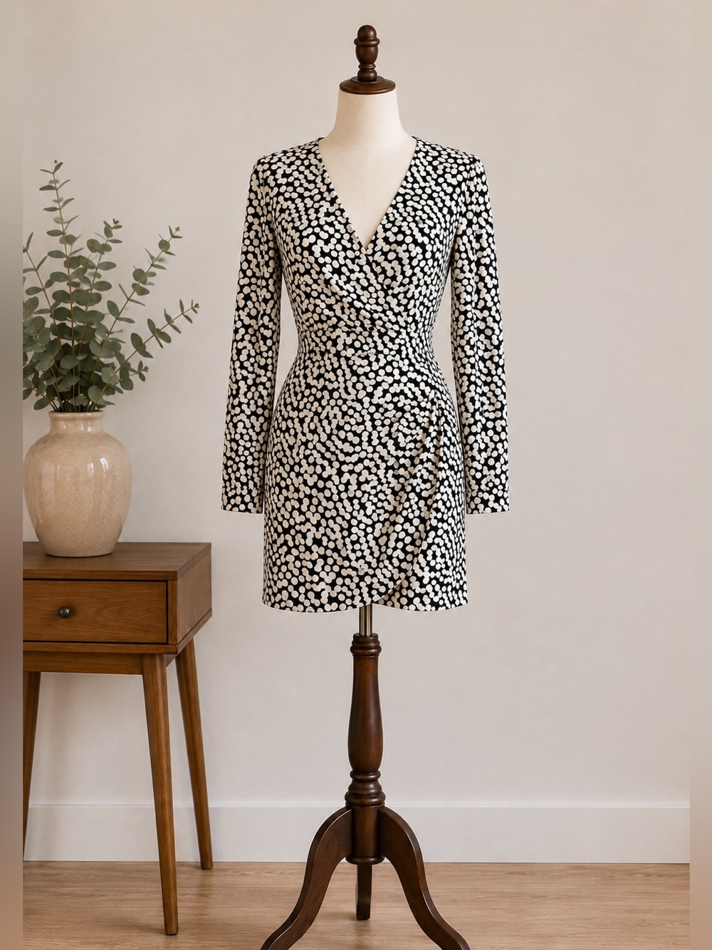 Dynamite Black White Polka Dot Wrap Mini Dress Office Siren Parisian Chic S